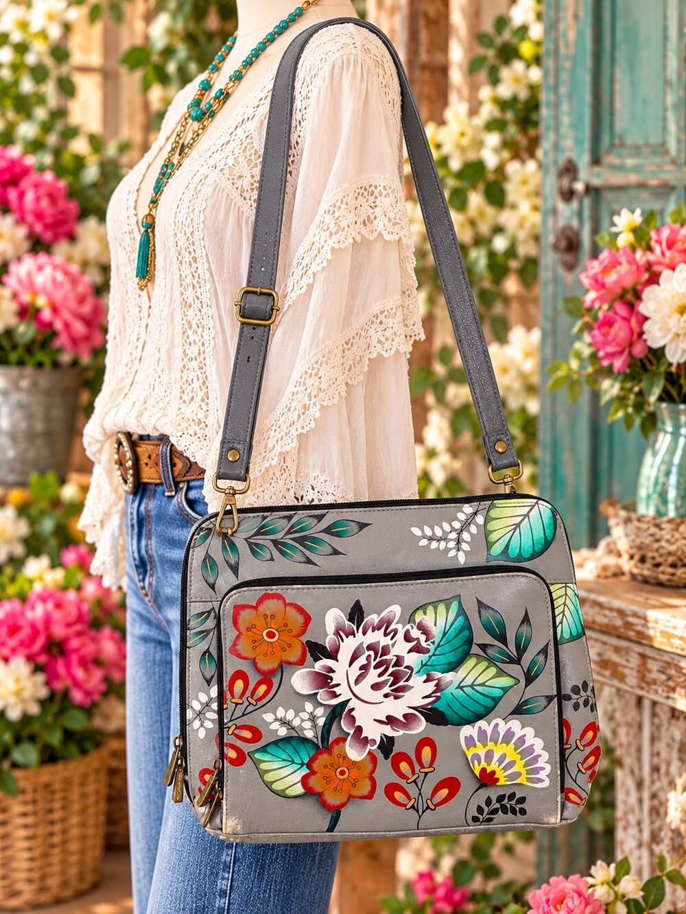 Anuschka Hand Painted Leather Crossbody Bag Gray Floral